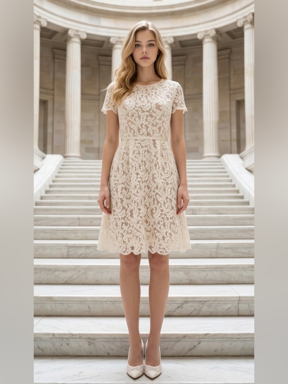 Adrianna Papell Cream Lace Midi Fit-and-Flare Dress